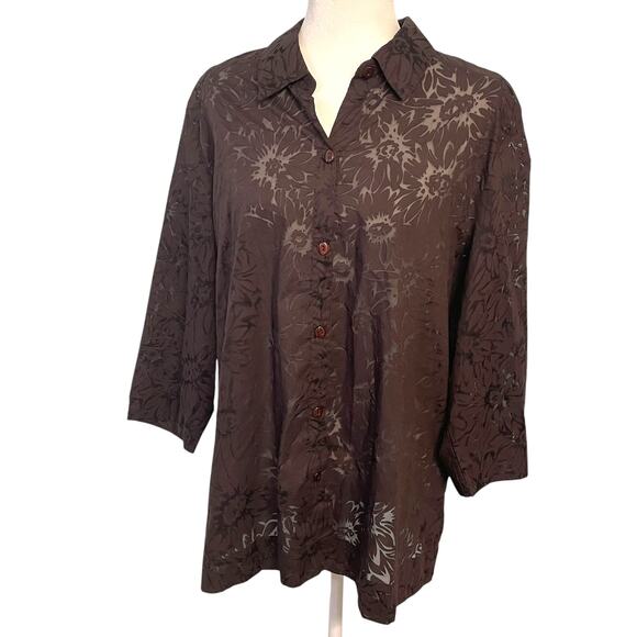 Sag Harbor Brown Sheer Floral Button Front Blouse 1X - Picture 1 of 8